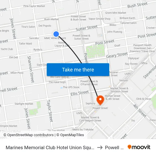 Marines Memorial Club Hotel Union Square San Francisco to Powell Street map