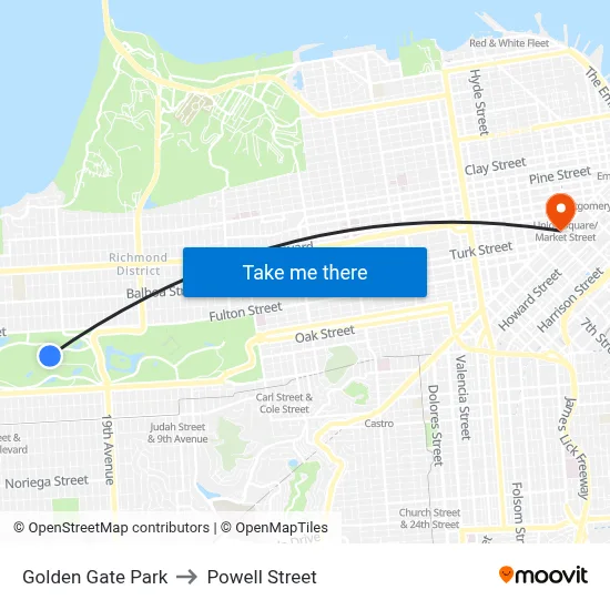 Golden Gate Park to Powell Street map
