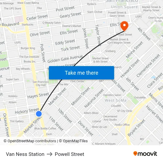 Van Ness Station to Powell Street map