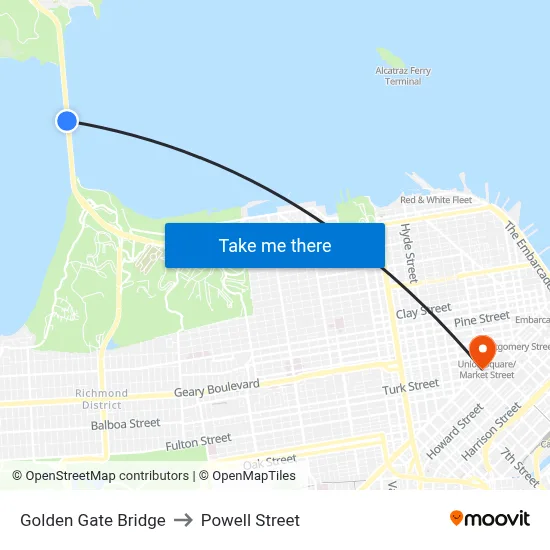 Golden Gate Bridge to Powell Street map
