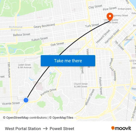 West Portal Station to Powell Street map