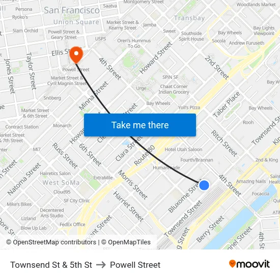 Townsend St & 5th St to Powell Street map