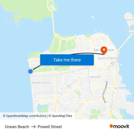Ocean Beach to Powell Street map