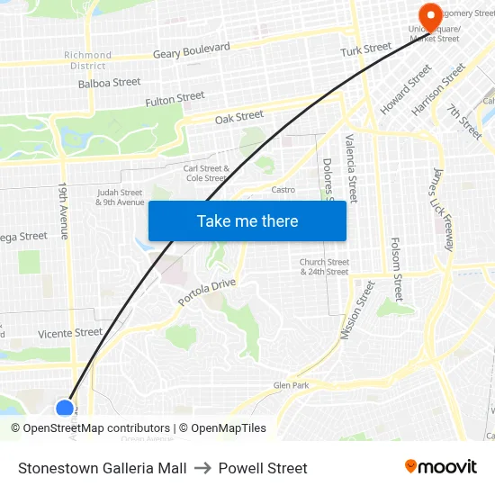 Stonestown Galleria Mall to Powell Street map