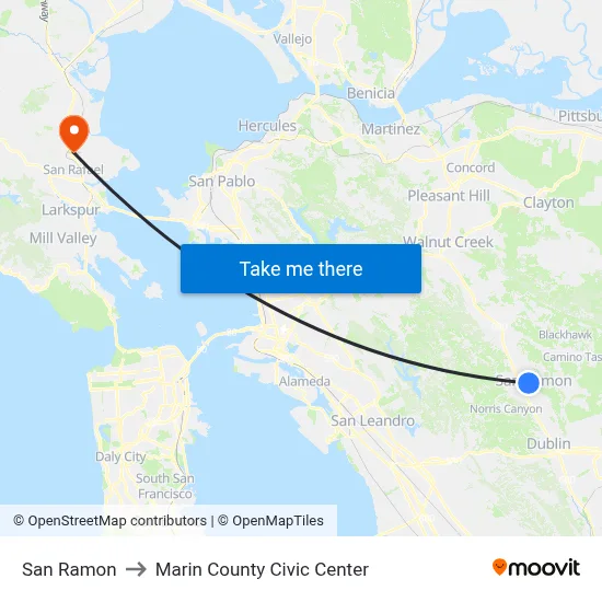 San Ramon to Marin County Civic Center map