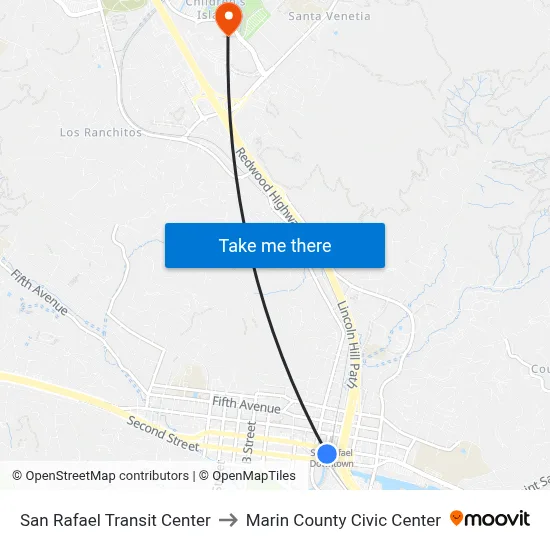 San Rafael Transit Center to Marin County Civic Center map