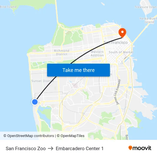 San Francisco Zoo to Embarcadero Center 1 map