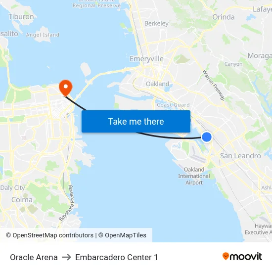 Oracle Arena to Embarcadero Center 1 map