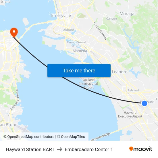 Hayward Station BART to Embarcadero Center 1 map