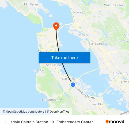 Hillsdale Caltrain Station to Embarcadero Center 1 map