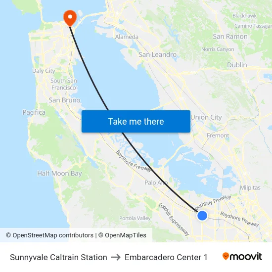 Sunnyvale Caltrain Station to Embarcadero Center 1 map