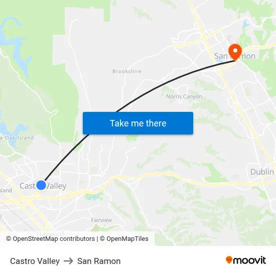 Castro Valley to San Ramon map