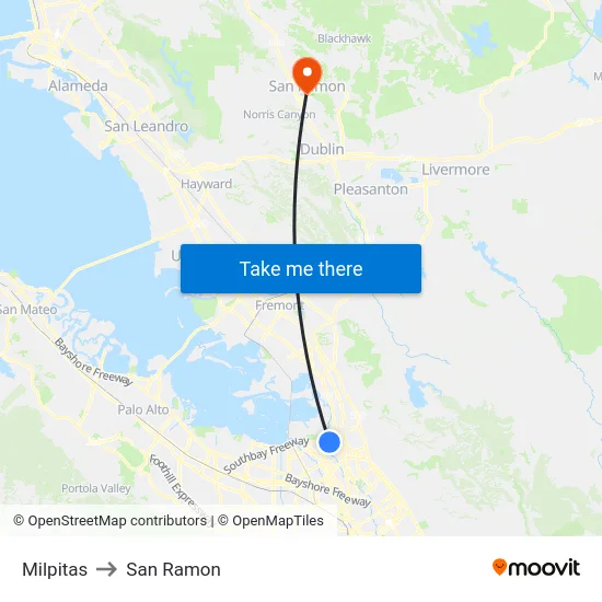 Milpitas to San Ramon map