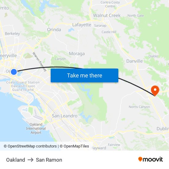 Oakland to San Ramon map