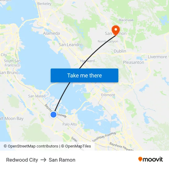 Redwood City to San Ramon map