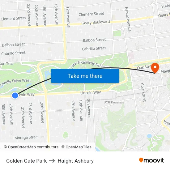 Golden Gate Park to Haight-Ashbury map