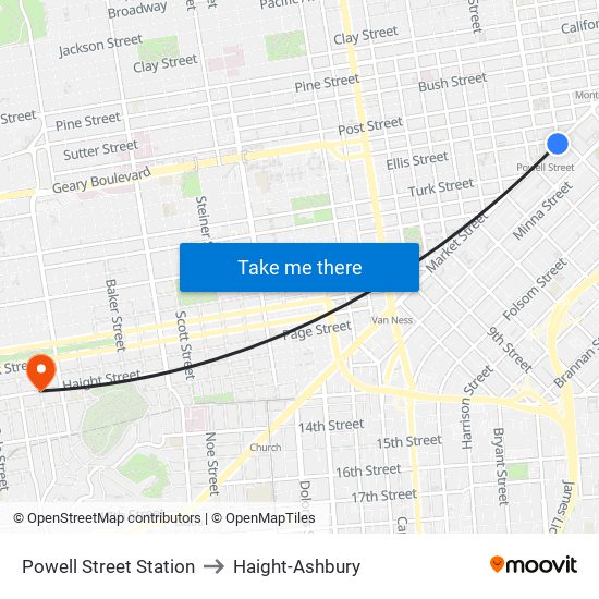 Powell Street Station to Haight-Ashbury map