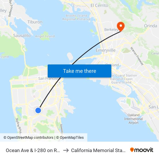 Ocean Ave & I-280 on Ramp to California Memorial Stadium map