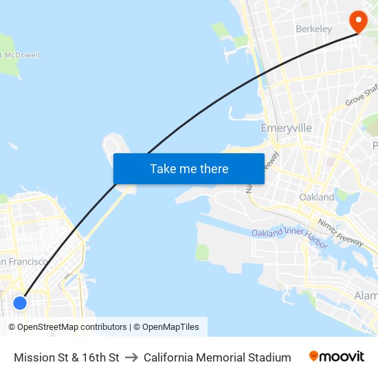 Mission St & 16th St to California Memorial Stadium map