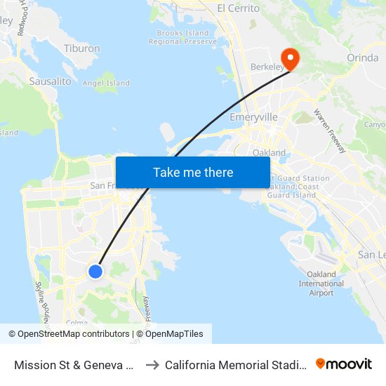 Mission St & Geneva Ave to California Memorial Stadium map