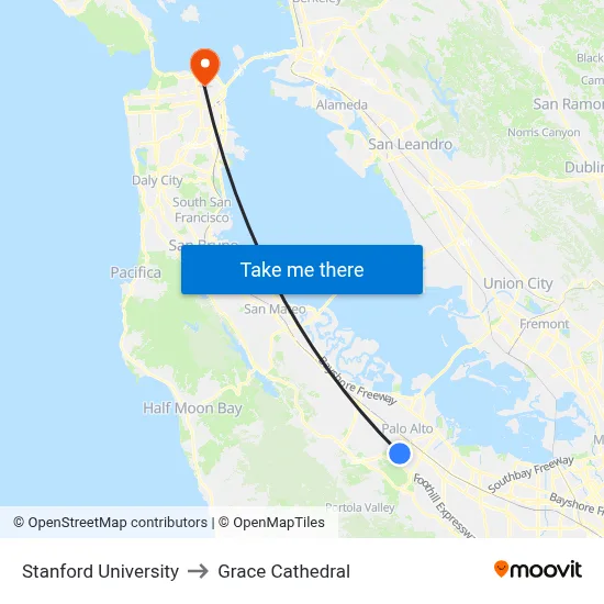 Stanford University to Grace Cathedral map
