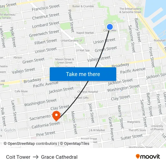Coit Tower to Grace Cathedral map