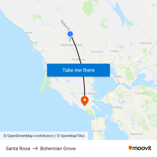 Santa Rosa to Bohemian Grove map