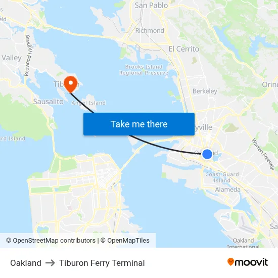 Oakland to Tiburon Ferry Terminal map