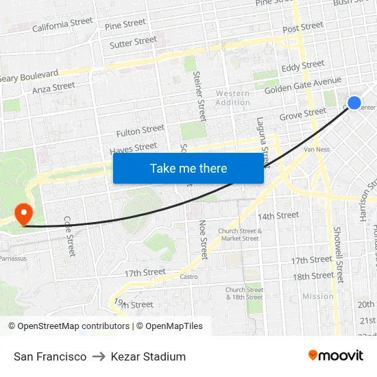 San Francisco to Kezar Stadium map