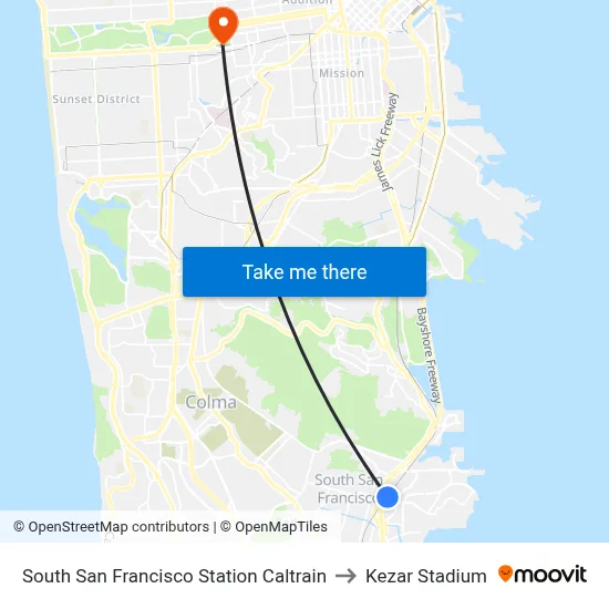 South San Francisco Station Caltrain to Kezar Stadium map