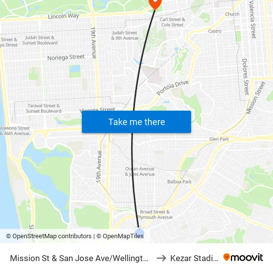 Mission St & San Jose Ave/Wellington Ave to Kezar Stadium map