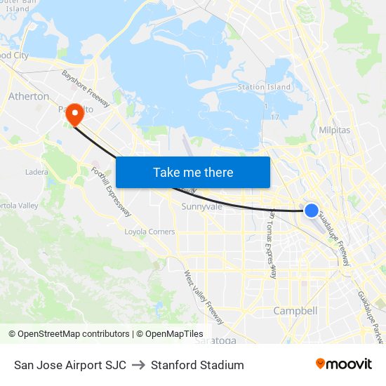 San Jose Airport SJC to Stanford Stadium map