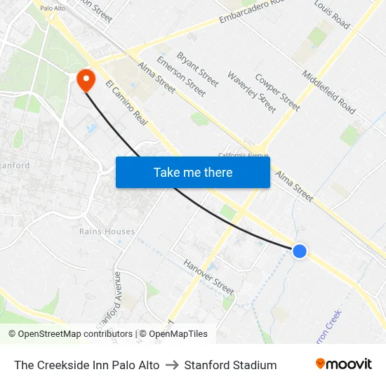 The Creekside Inn Palo Alto to Stanford Stadium map