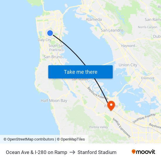 Ocean Ave & I-280 on Ramp to Stanford Stadium map