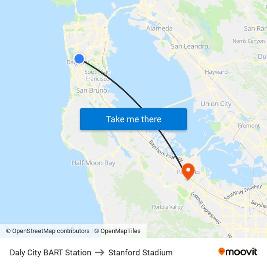 Daly City BART Station to Stanford Stadium map