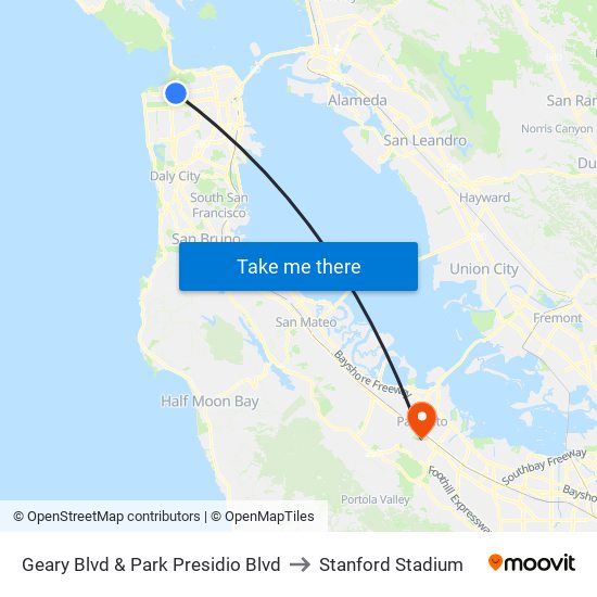 Geary Blvd & Park Presidio Blvd to Stanford Stadium map