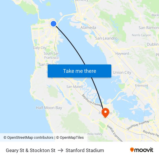 Geary St & Stockton St to Stanford Stadium map