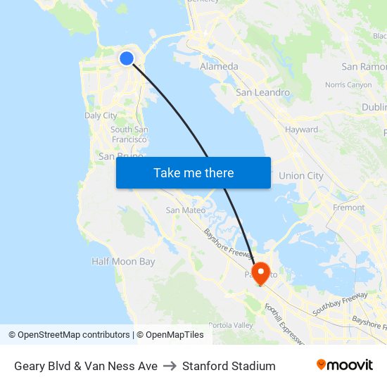 Geary Blvd & Van Ness Ave to Stanford Stadium map