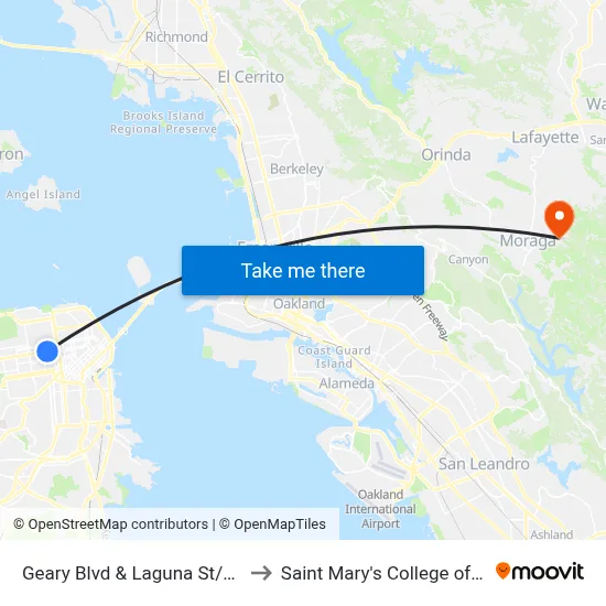 Geary Blvd & Laguna St/Japantown to Saint Mary's College of California map