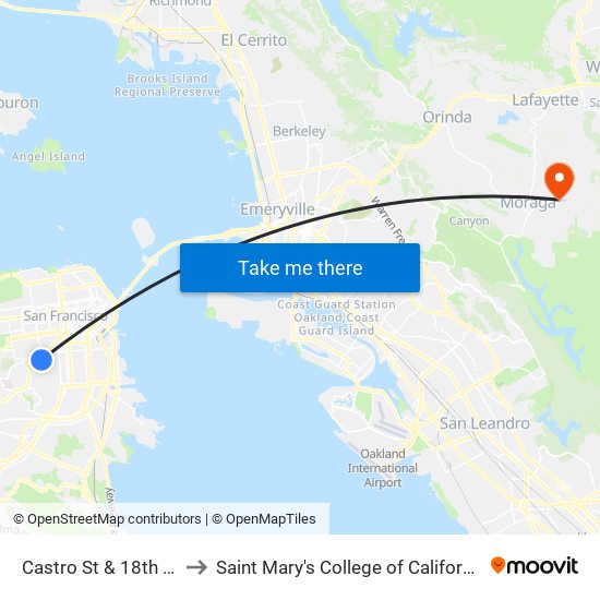 Castro St & 18th St to Saint Mary's College of California map