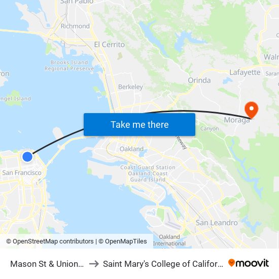 Mason St & Union St to Saint Mary's College of California map