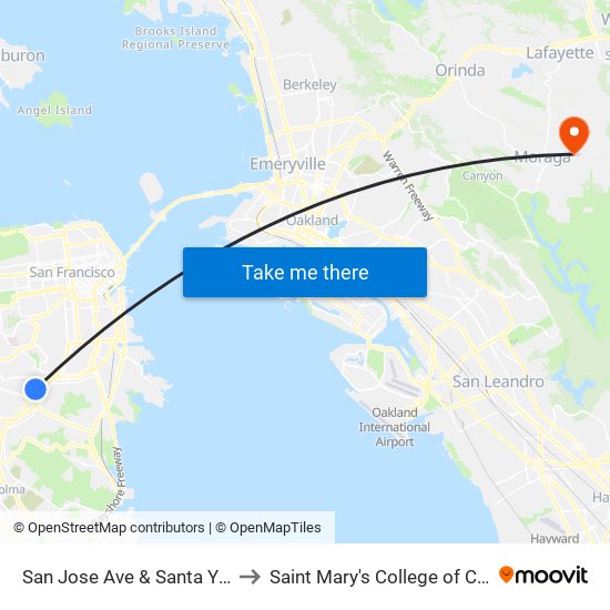 San Jose Ave & Santa Ynez Ave to Saint Mary's College of California map