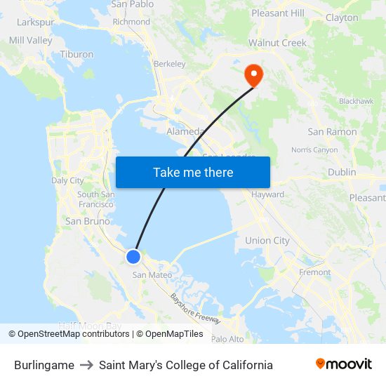 Burlingame to Saint Mary's College of California map