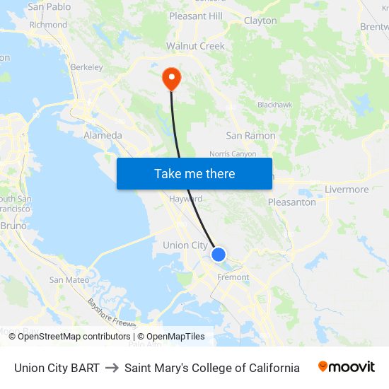 Union City BART to Saint Mary's College of California map