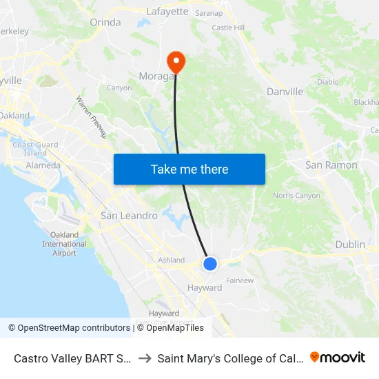 Castro Valley BART Station to Saint Mary's College of California map
