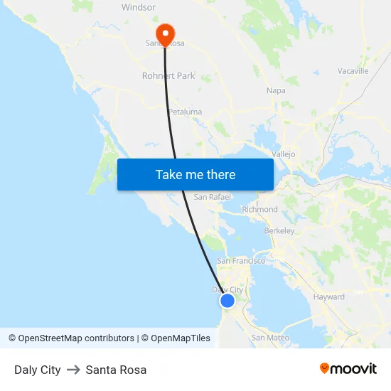 Daly City to Santa Rosa map