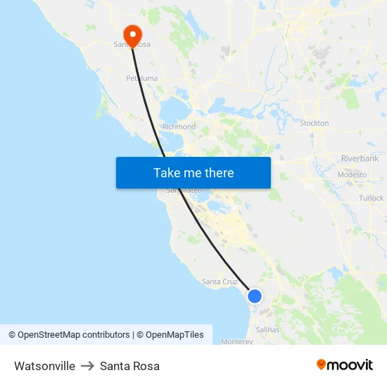 Watsonville to Santa Rosa map