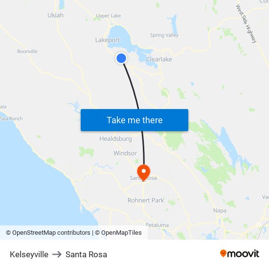 Kelseyville to Santa Rosa map