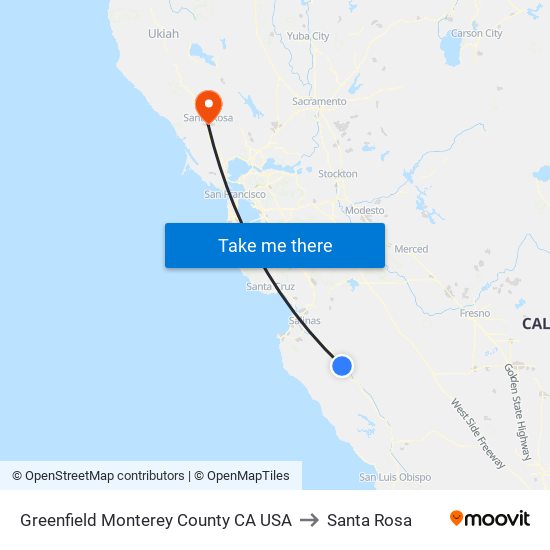 Greenfield Monterey County CA USA to Santa Rosa map