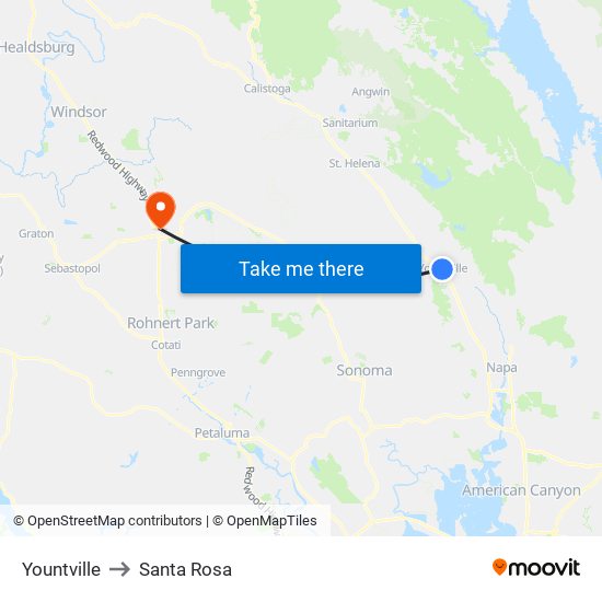 Yountville to Santa Rosa map